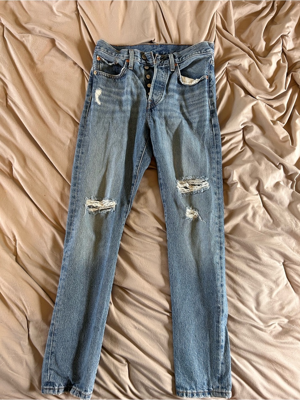 Levi’s 501 Distressed Light Blue Straight-Leg Jeans